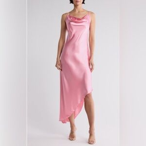 bebe Elegant Pink Blush Satin Asymmetric Slip Dress